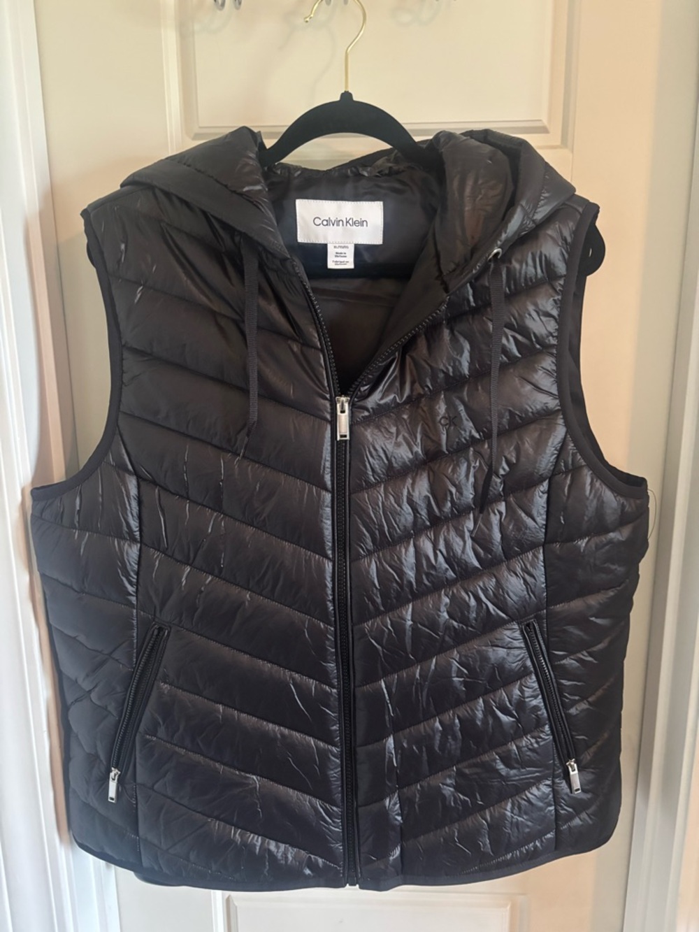 Calvin Klein Black Glossy Quilted Hooded Vest